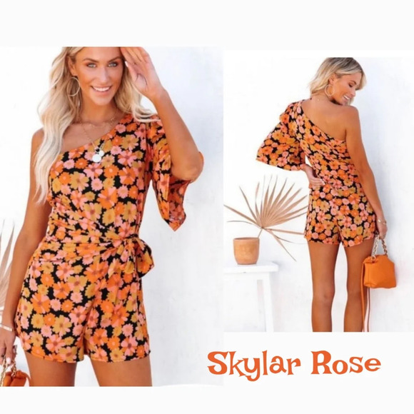 Skylar Rose Pants - Skylar Rose Womens Retro Orange Floral One Shoulder Romper Sz L Spring Summer